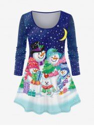 Plus Size Christmas Snowman Print T-shirt -  