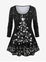 Plus Size Christmas Tree Stars Print T-shirt -  
