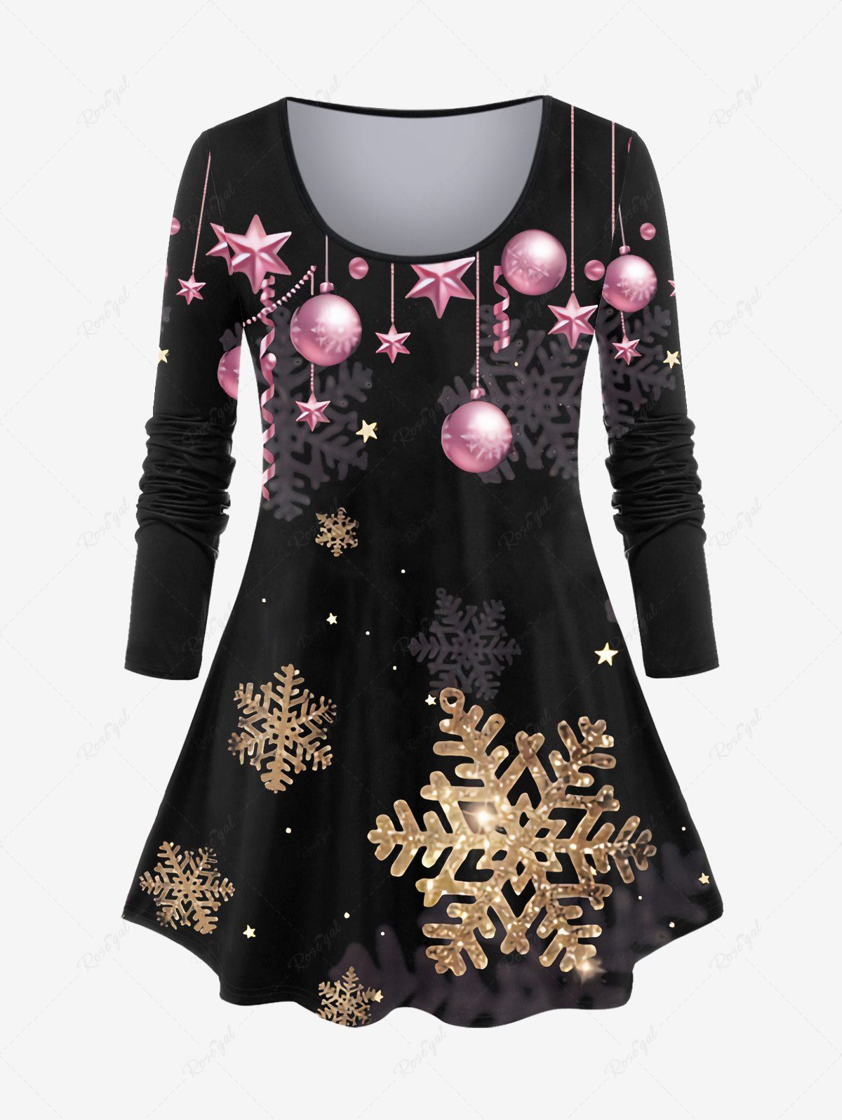T-shirt à Imprimé Etoile Boule de Noël et Flocon de Neige de Grande Taille à Manches Longues Rose clair L | US 12