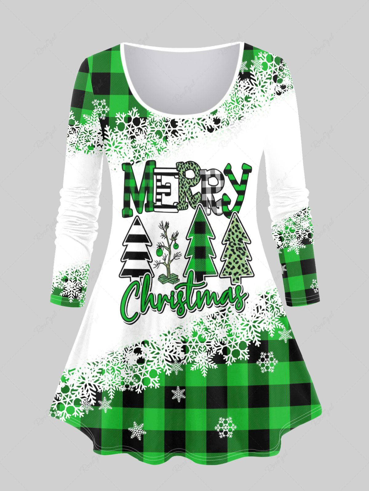 Hot Plus Size Christmas Snowflake Checked Tree Print T-shirt  