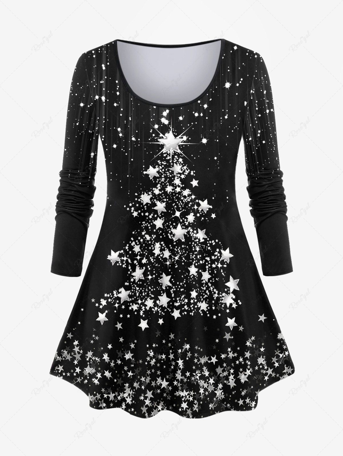 Affordable Plus Size Christmas Tree Stars Print T-shirt  