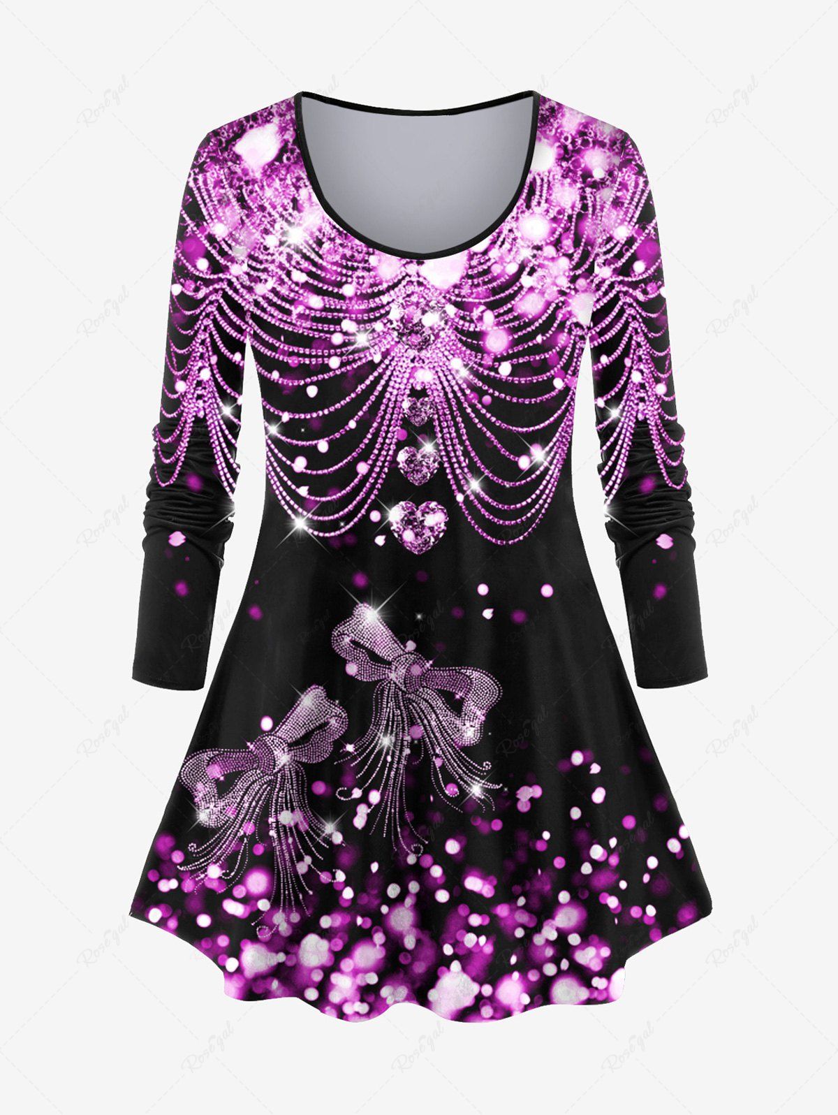 T-shirt à Imprimé Nœud Papillon Brillant à Manches Longues de Grande Taille Violet clair 3x | US 22-24