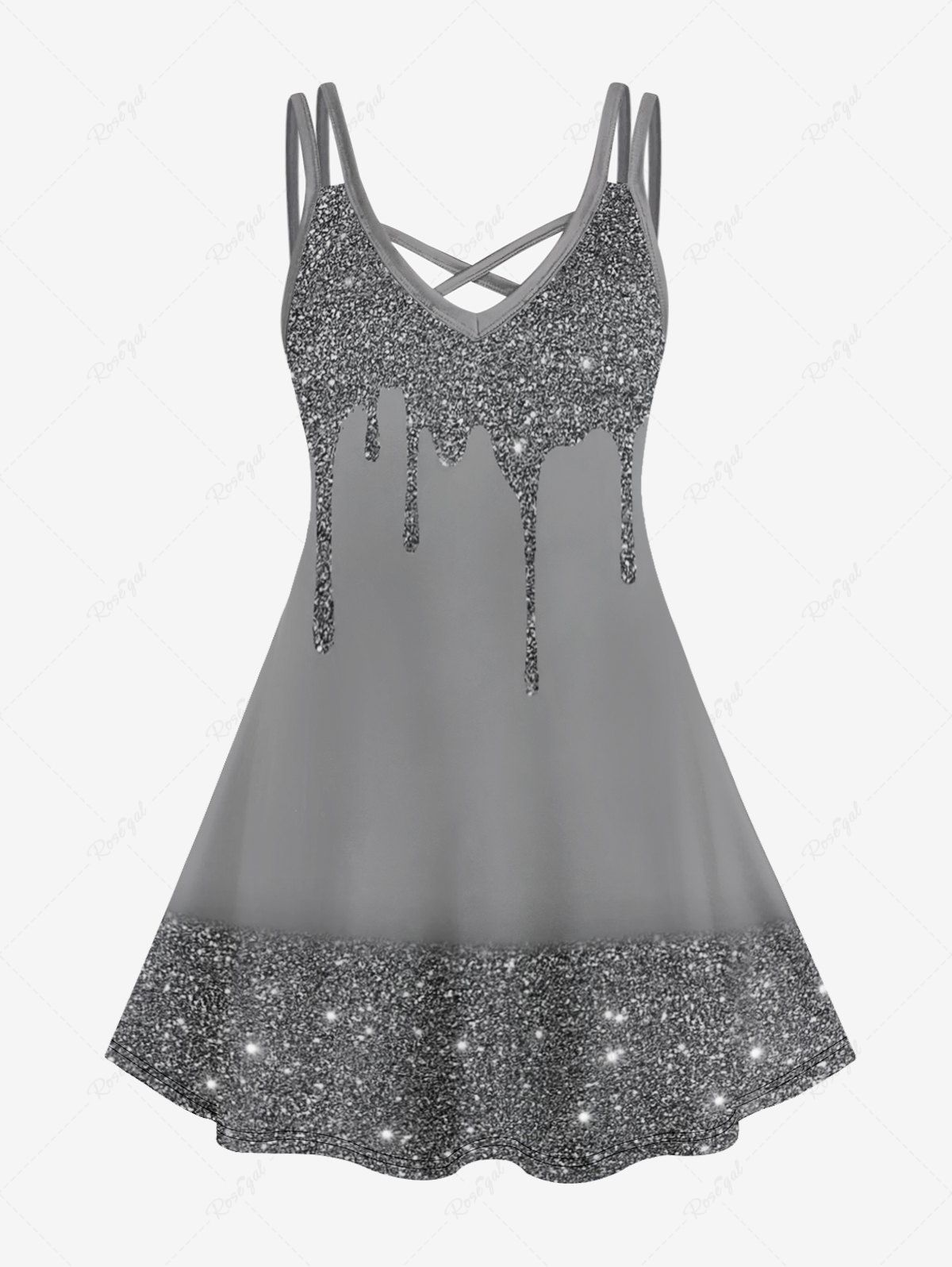 Hot Plus Size Dual Straps Sparkling Print Crisscross Detail Cami Dress  