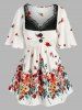 Plus Size Floral Print Lace Insert Blouse -  
