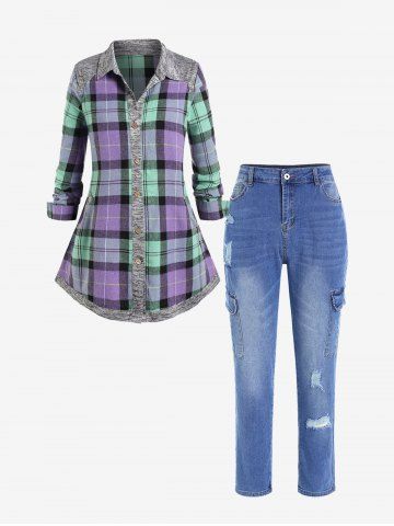 Plus Size Plaid Panel Marled Slant Pocket Shirt and Jeans Outfit - MULTI