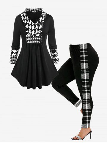 Long Sleeve Houndstooth T-shirt and Plaid Skinny Leggings Plus Size Outfit - BLACK