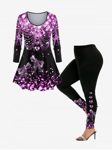 Long Sleeve Sparkle Glitter Bowknot Print T-shirt and Leggings Matching Set Plus Size Outfit - BLACK