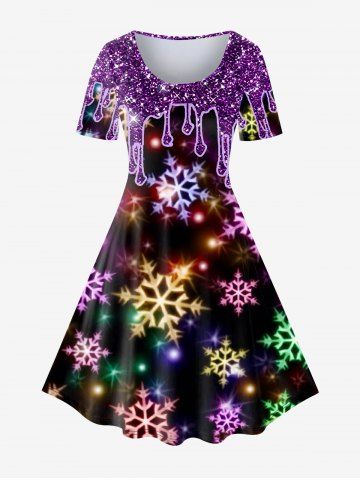 Plus Size Christmas Snowflake Print Sparkling Dress - PURPLE - 5X | US 30-32