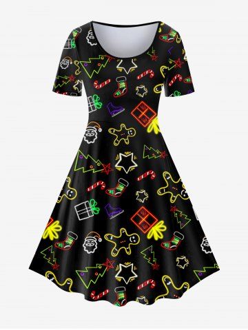 Plus Size Vintage Christmas Gingerbread Printed Short Sleeves A Line Dress