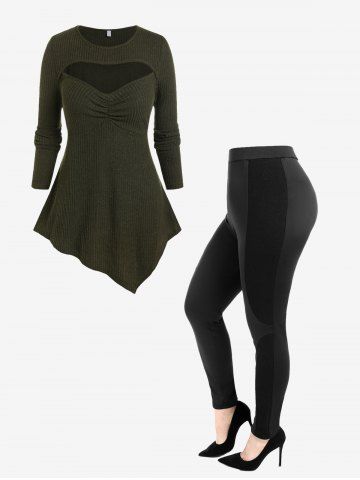 Cut Out Ruched Asymmetrical Hem Sweater and Ribbed Panel Colorblock Pants Plus Size Outerwear Outfit - DEEP GREEN
