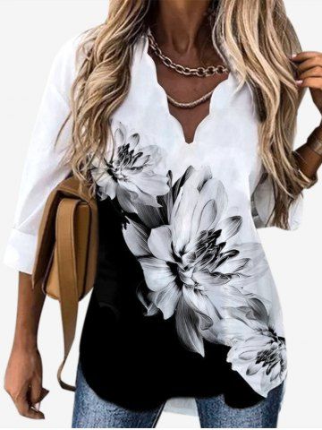 Plus Size Scalloped V-neck Floral Print Long Sleeve T-shirt - BLACK - L