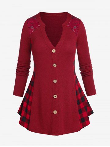 Camiseta de Talla Extra con Panel de Encaje a Cuadros con Mangas Largas - RED - 4X