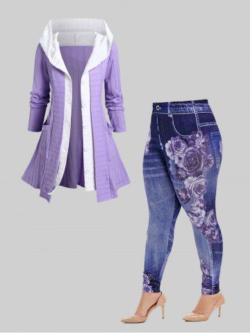 Contrast Hooded Cable Knit Cardigan with Pockets and High Rise Floral Gym 3D Jeggings Plus Size Outfit - LIGHT PURPLE