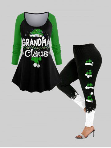 Raglan Sleeve Graphic Print Christmas Hat Printed T-shirt and Two Tone Leggings Plus Size Outfit - DEEP GREEN