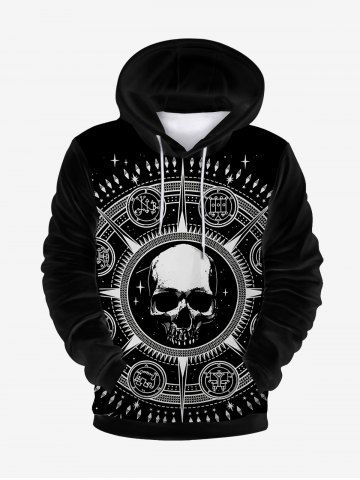 Gothic Skull Astrolabe Print Flocking Lined Front Pocket Hoodie - BLACK - 3XL