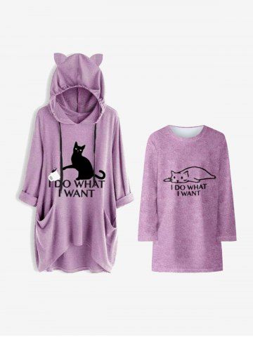 Kids Cat I Do What I Want Graphic Long Sleeve Tee Dress - LIGHT PURPLE - 100