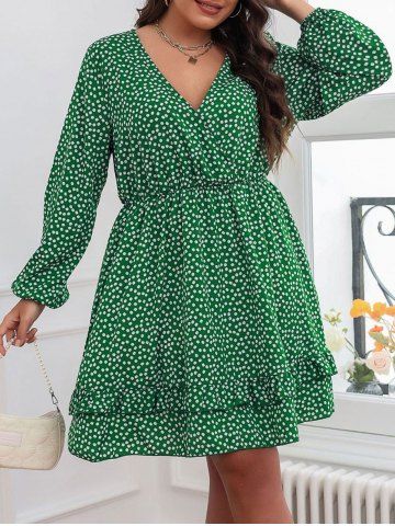 Plus Size Polka Dot Long Sleeves A Line Dress with Flounce - GREEN - 1XL