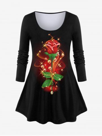 T-shirt à Imprimé Rose Grande Taille Pour La Saint-Valentin  - BLACK - 1X | US 14-16