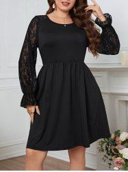 Robe Ligne A Plissée à Manches Evasées en Dentelle de Grande Taille - Noir 1XL
