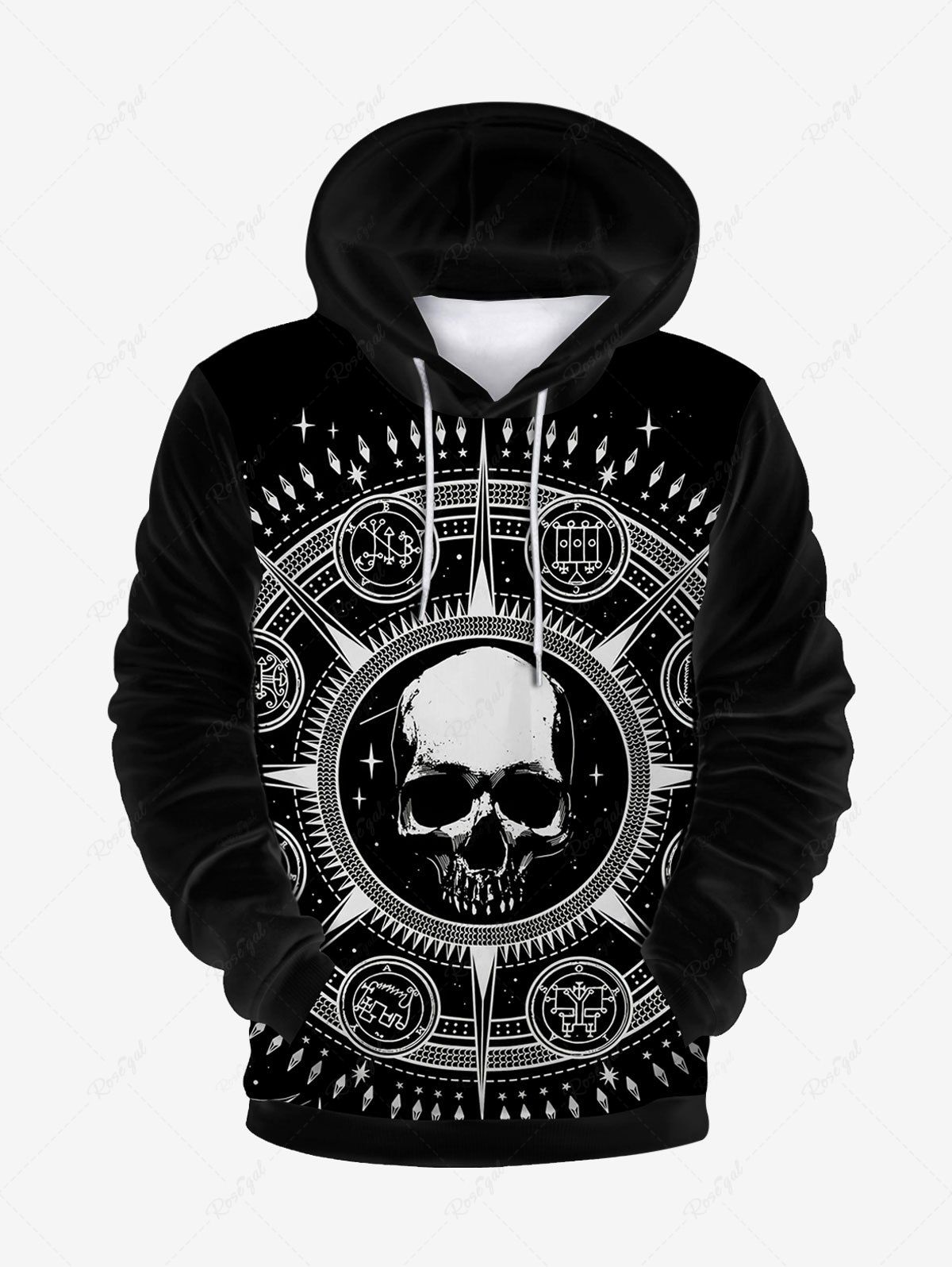 Gothic Skull Astrolabe Print Flocking Lined Front Pocket Hoodie Noir 5XL