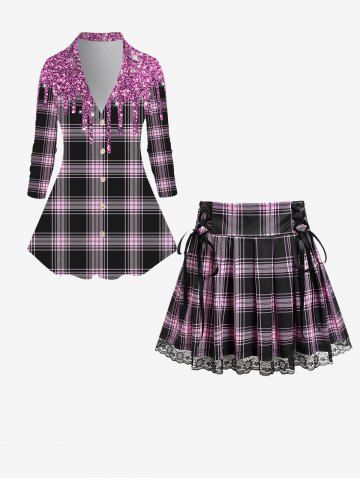 Plaid Sparkle Print Button Up Shirt and Lace Up Mini Pleated Skirt Plus Size Outfit - LIGHT PINK