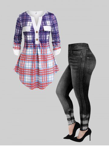 Plaid Roll Up Sleeve Irregular Top and 3D Denim Print Skinny Jeggings Plus Size Outfit - MULTI