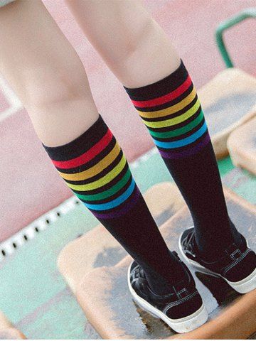 Rainbow Striped Knee High Socks - BLACK