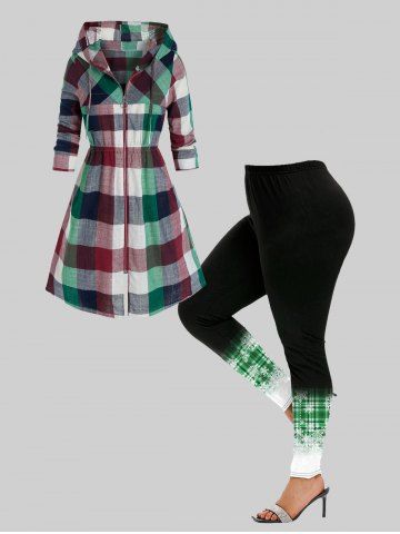 Christmas Madras Plaid Hooded Zip Up Coat and Snowflake Printed Plaid Leggings Plus Size Outerwear Outfit