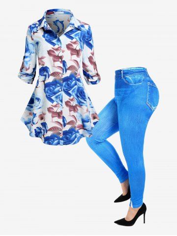 Roll Up Sleeve Floral Print Shirt and 3D Denim Print Jeggings Plus Size Outfit - BLUE