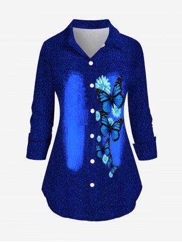 Chemise à Imprimé 3D Fleur Papillon Denim de Grande Taille à Manches Longues - DEEP BLUE - 5XL