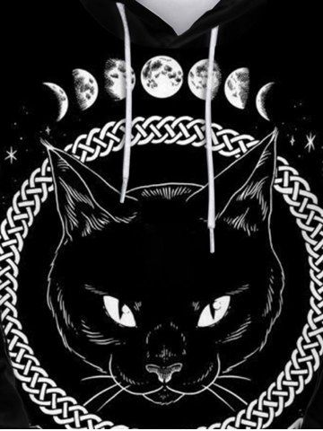 Gothic Cat Lunar Eclipse Graphic Front Pocket Flocking Lined Hoodie