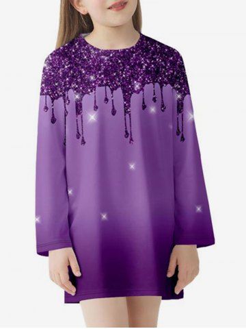 Kids Sparkling Print Long Sleeve T-shirt Dress - PURPLE - 150