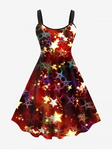Plus Size Sparkling Stars Print Sleeveless Dress - DEEP RED - S | US 8