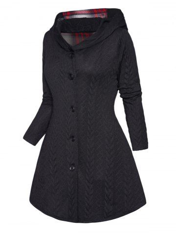 Cable Knit Plaid Print Panel Lace Up Full Sleeve Button Up Long Hooded Coat - BLACK - L