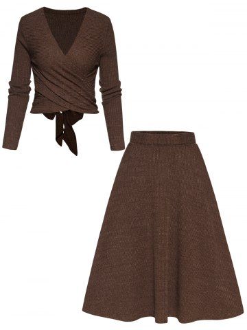 Crossover Bowknot Tied Back Long Sleeve Cropped Top And Elastic A Line Midi Skirt Knitted Outfit - DEEP COFFEE - S