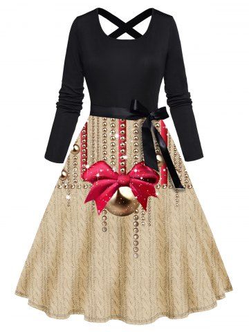 Christmas Bell Bowknot Beaded Pattern Belted Crisscross Long Sleeve A Line Midi Dress - LIGHT COFFEE - S