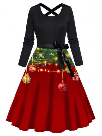 Vintage Christmas Ball Print Bowknot Belted Crisscross Long Sleeve A Line Midi Dress - RED - S