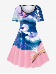 Plus Size Unicorns Printed Colorblock Short Sleeves A Line Dress -  