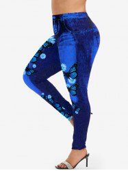 Plus Size 3D Denim Butterfly Flower Printed Skinny Jeggings -  