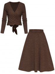 Crossover Bowknot Tied Back Long Sleeve Cropped Top And Elastic A Line Midi Skirt Knitted Outfit -  