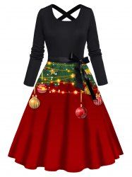 Vintage Christmas Ball Print Bowknot Belted Crisscross Long Sleeve A Line Midi Dress -  