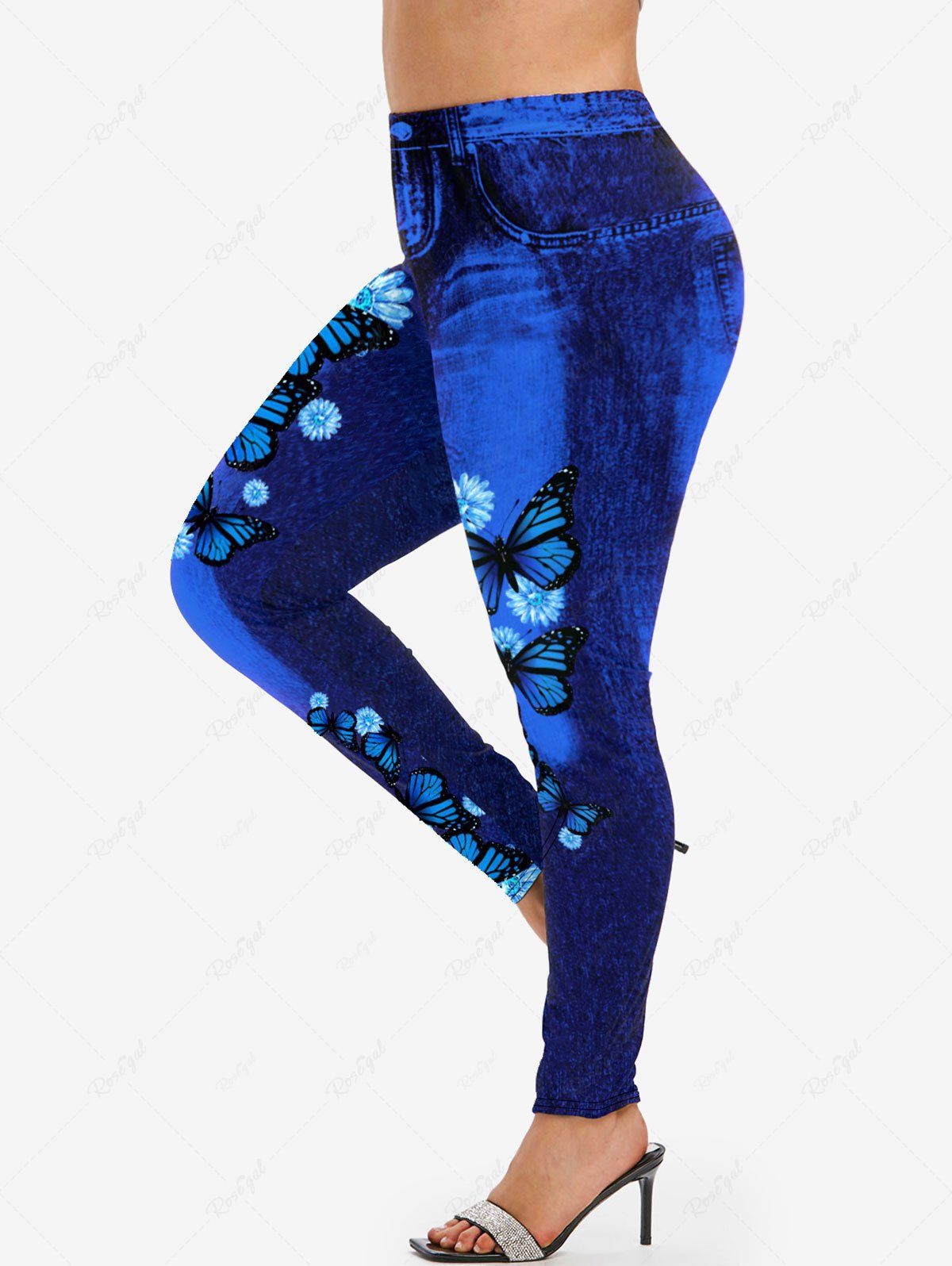 Outfits Plus Size 3D Denim Butterfly Flower Printed Skinny Jeggings  