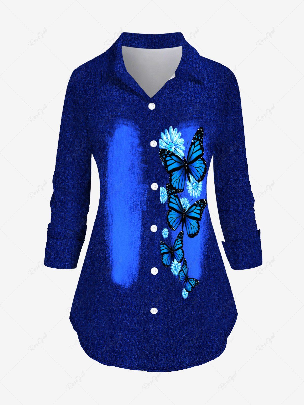 Store Plus Size 3D Denim Butterfly Flower Printed Long Sleeves Shirt  