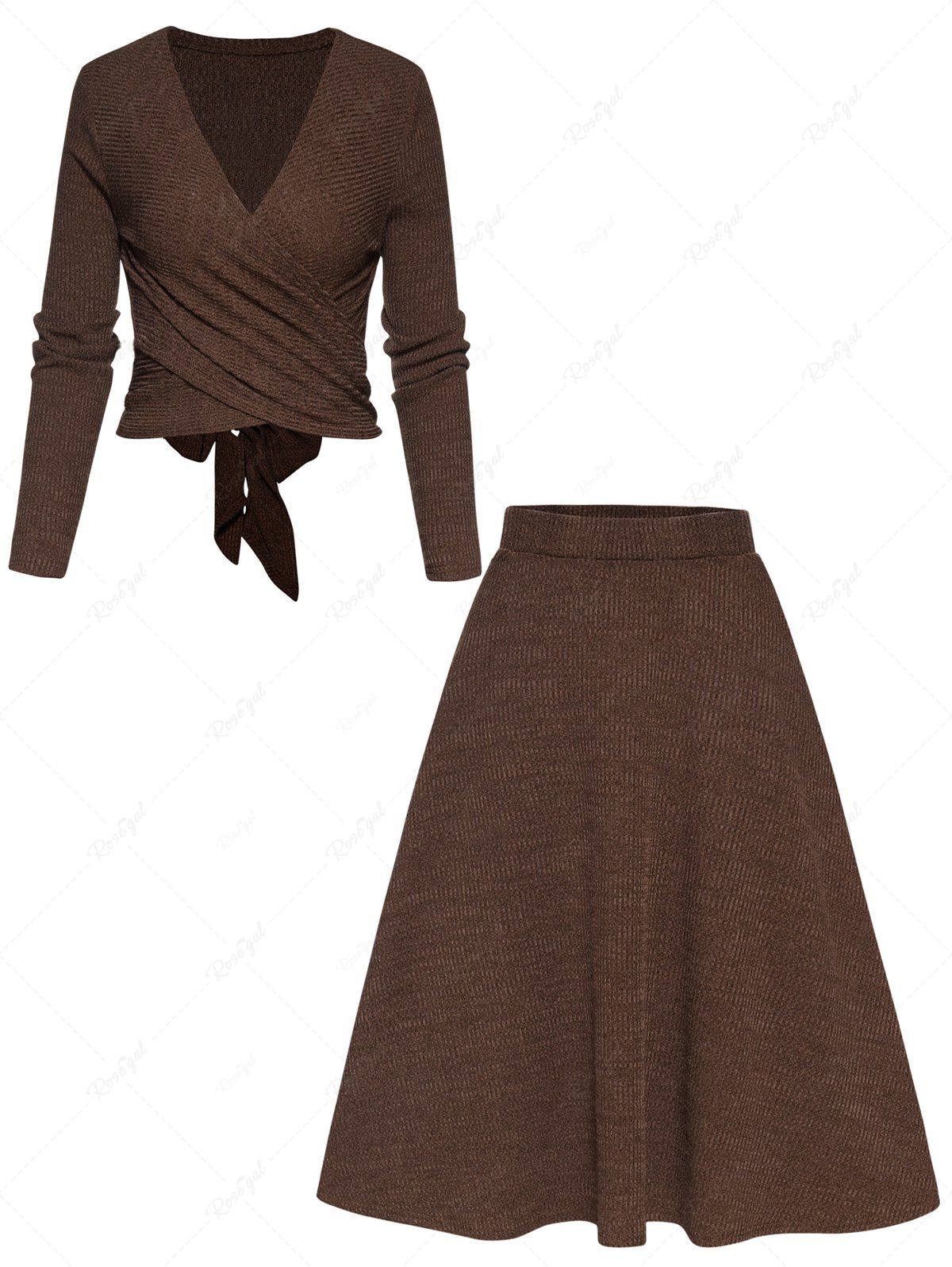 Outfits Crossover Bowknot Tied Back Long Sleeve Cropped Top And Elastic A Line Midi Skirt Knitted Outfit  