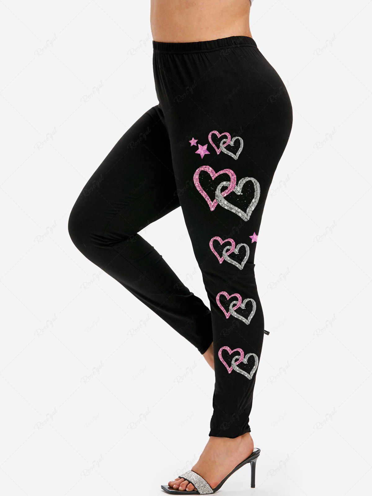Hot Plus Size Valentine Day Side Heart Print Leggings  