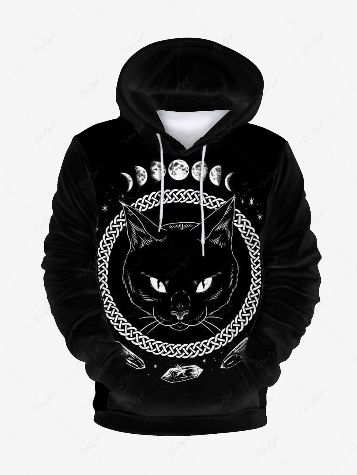 Latest Gothic Cat Lunar Eclipse Graphic Front Pocket Flocking Lined Hoodie  
