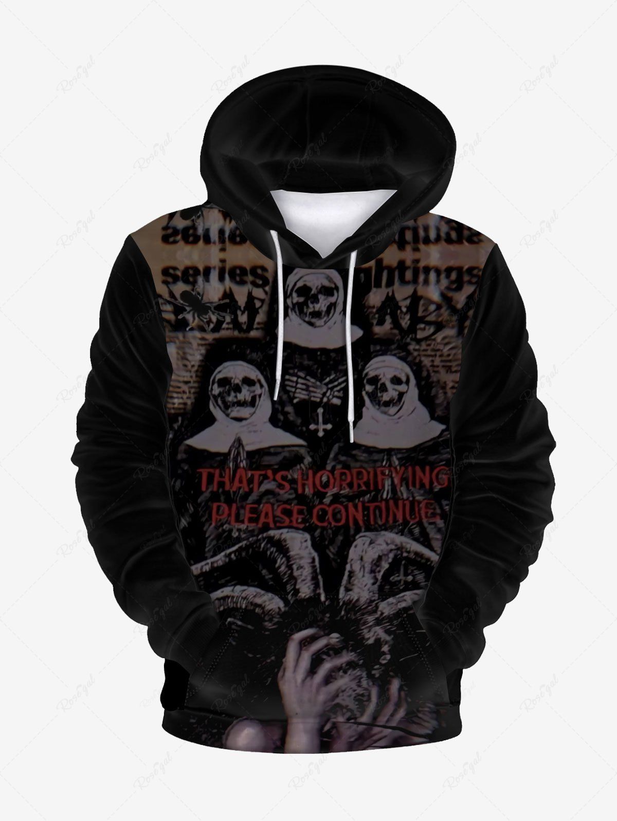 Gothic Horrifying Skull Graphic Front Pocket Flocking Lined Hoodie Noir 3XL