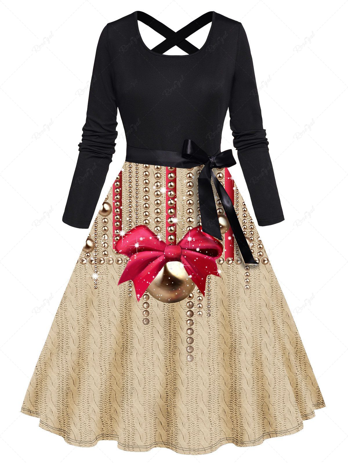 Hot Christmas Bell Bowknot Beaded Pattern Belted Crisscross Long Sleeve A Line Midi Dress  
