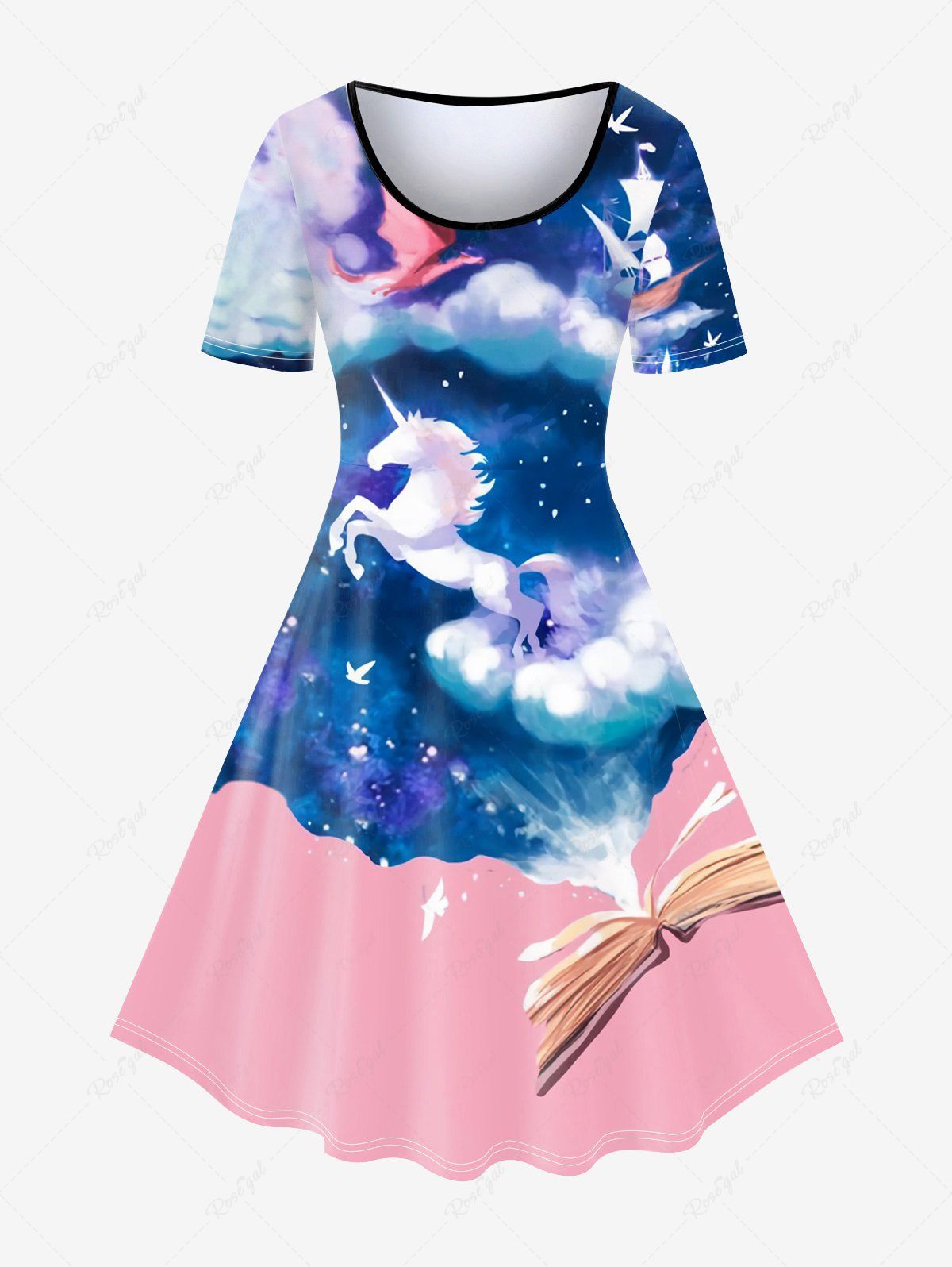 Cheap Plus Size Unicorns Printed Colorblock Short Sleeves A Line Dress  