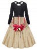 Christmas Bell Bowknot Beaded Pattern Belted Crisscross Long Sleeve A Line Midi Dress -  